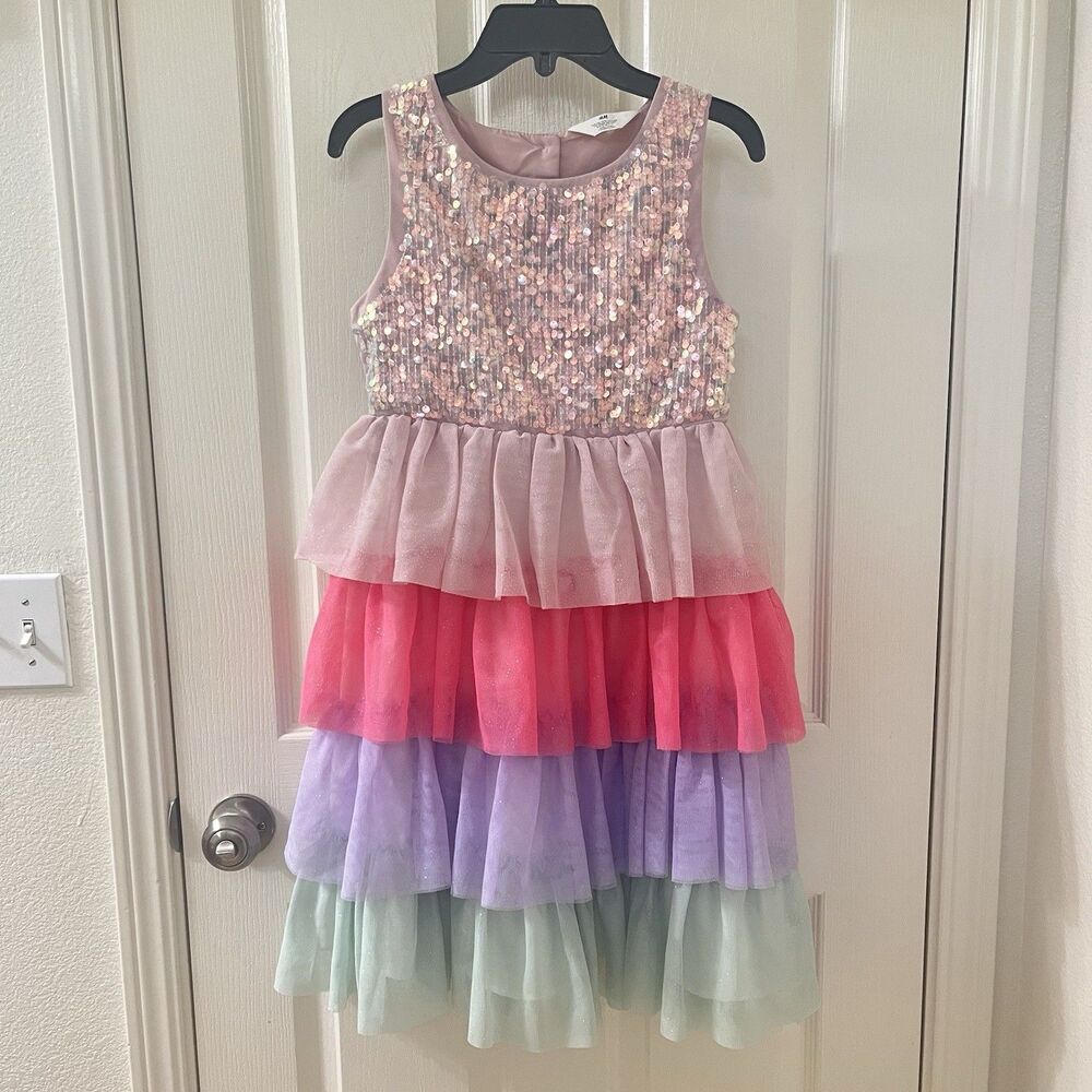 H&M Sequin Rainbow Tiered Tulle Dress Girls Size 10